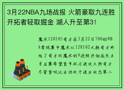3月22NBA九场战报 火箭豪取九连胜 开拓者轻取掘金 湖人升至第3！