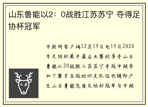 山东鲁能以2：0战胜江苏苏宁 夺得足协杯冠军