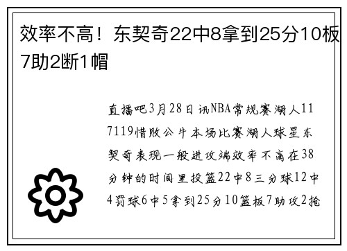 效率不高！东契奇22中8拿到25分10板7助2断1帽