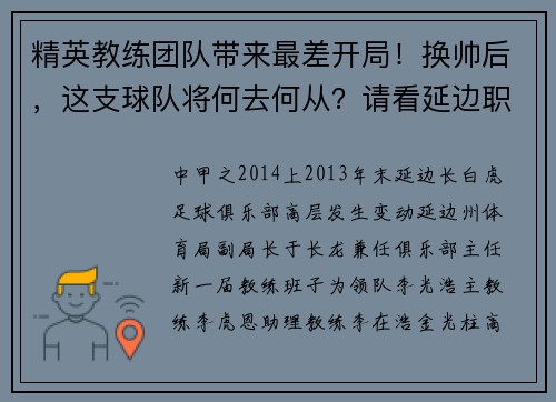 精英教练团队带来最差开局！换帅后，这支球队将何去何从？请看延边职业足球风云录（连载26）